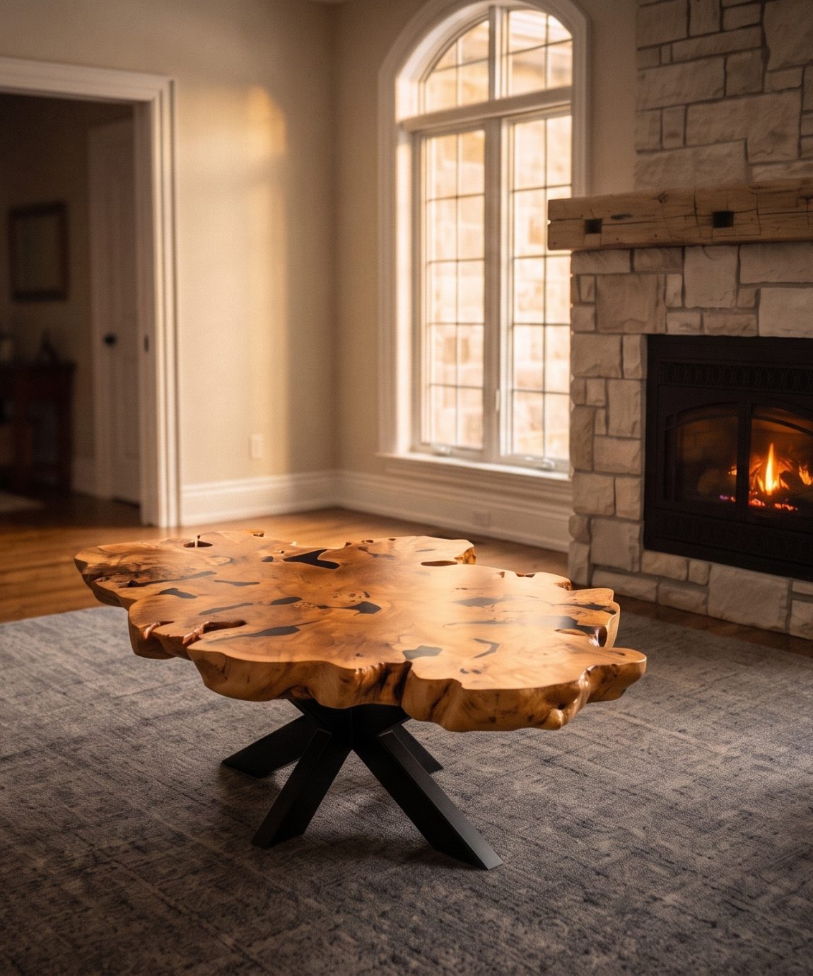 Live-edge maple burl coffee table with black epoxy, built by Ground Roots and installed in a client's living room